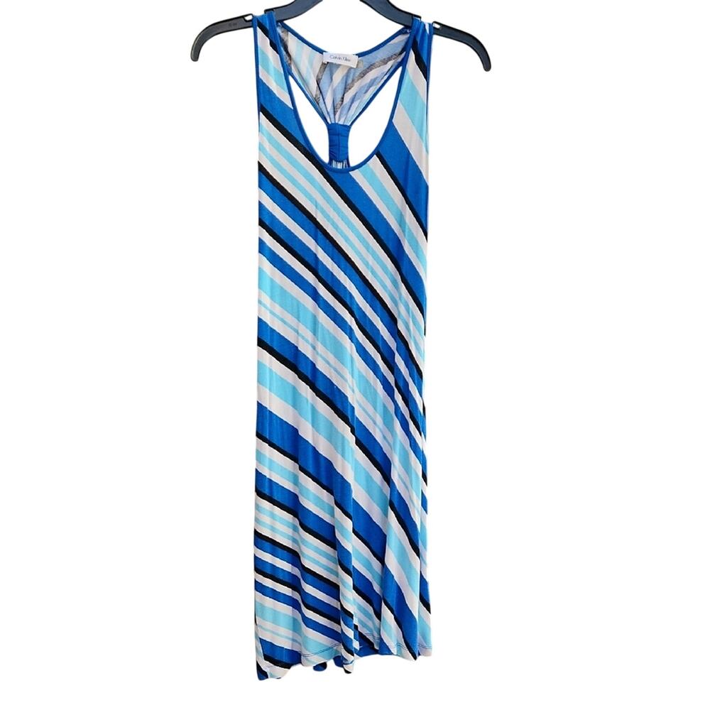 Calvin Klein Blue White Midi Dress Gathered racerback size 4